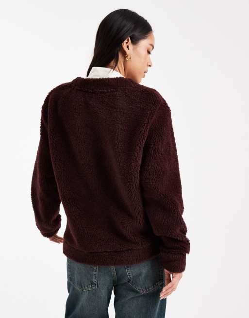 ASOS DESIGN longline teddy fleece oversized cardigan in fig