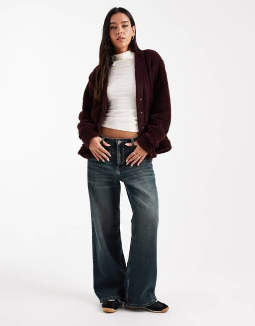 ASOS DESIGN longline teddy fleece oversized cardigan in fig