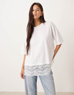 Asos Design Longline Tee With Lace Hem In White