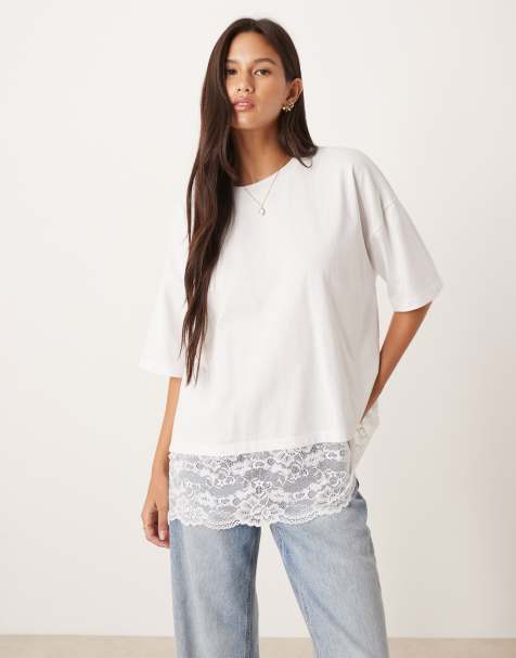 ASOS DESIGN longline tee with lace hem in white - view 1