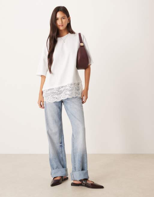 ASOS DESIGN longline tee with lace hem in white, 2 of 4