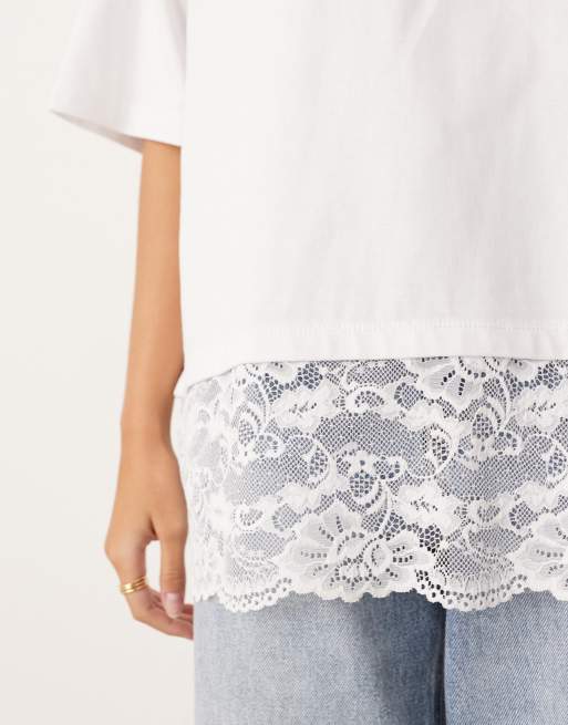 ASOS DESIGN longline tee with lace hem in white, 3 of 4