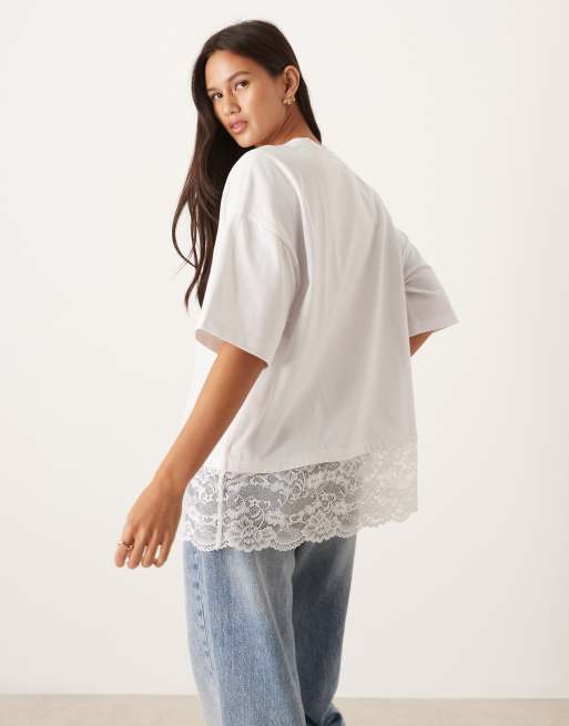 ASOS DESIGN longline tee with lace hem in white, 4 of 4