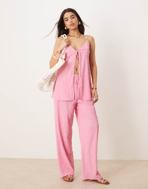 ASOS DESIGN longline tie front cami and flare trousers co-ord in hot pink - view 1