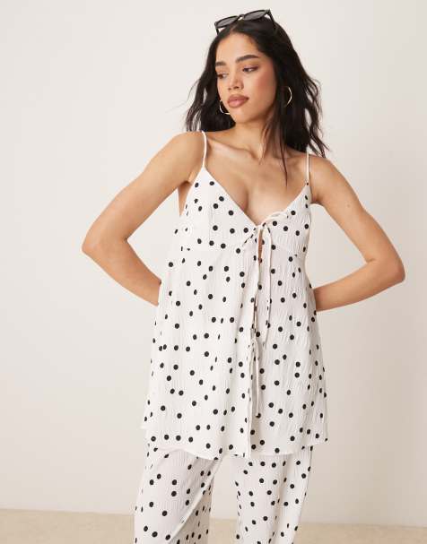ASOS DESIGN longline tie front cami in textured polka dot in white (part of a set) - view 1