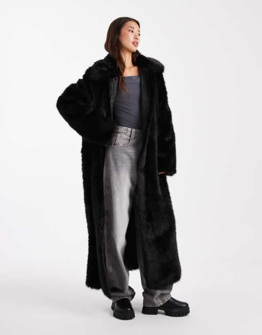 ASOS DESIGN longline tipped faux fur car coat in black
