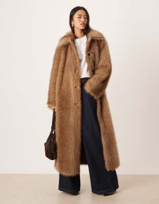Asos Design Longline Tipped Faux Fur Car Coat In Brown