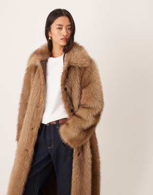 Asos Design Longline Tipped Faux Fur Car Coat In Brown