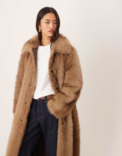 ASOS DESIGN longline tipped faux fur car coat in brown