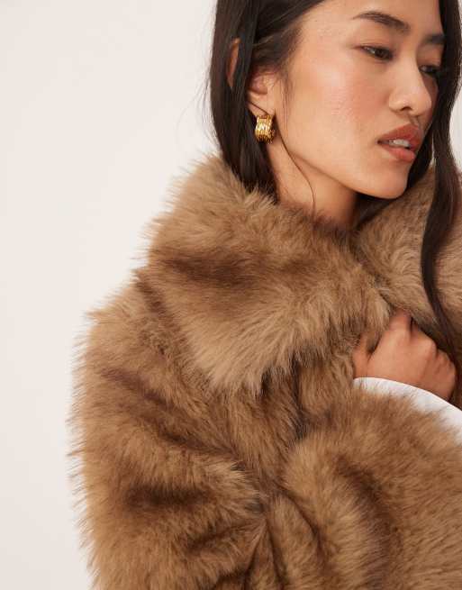 ASOS DESIGN longline tipped faux fur car coat in brown
