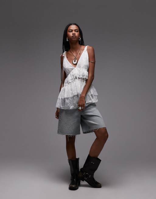 ASOS DESIGN – Longline-Top aus elfenbeinweißer Spitze mit Rüschen, 2 von 4