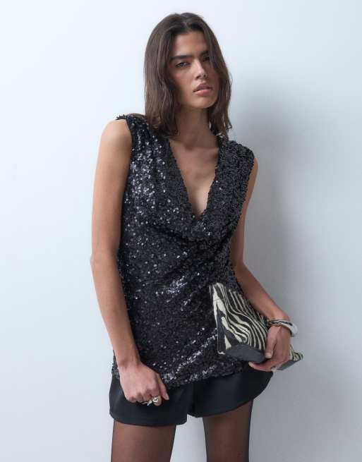 ASOS DESIGN Longline-Top mit tiefem, matten Paillettenbesatz in Schwarz, 5 von 5