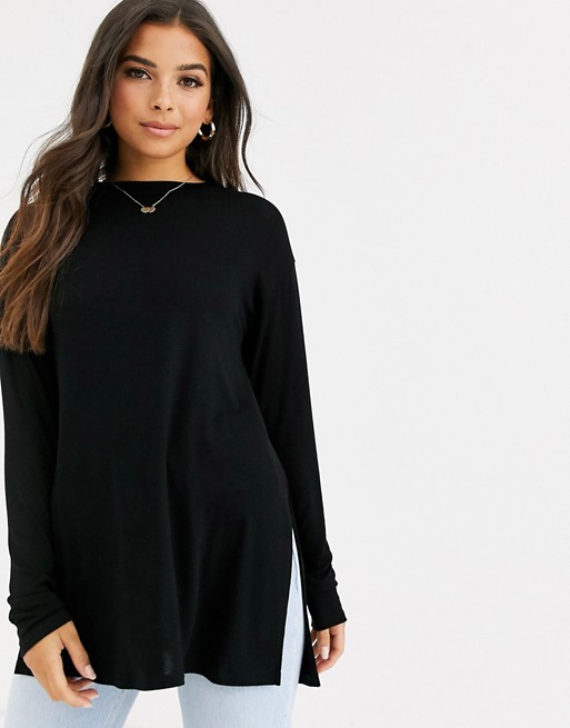 ASOS DESIGN longline top with long sleeve in textured jersey in black