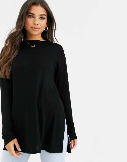 ASOS DESIGN longline top with long sleeve in textured jersey in black ...