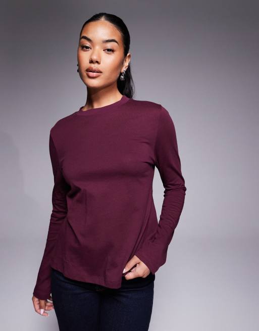 Burgundy Longline Long Sleeve T Shirt Side Zip Long Sleeve