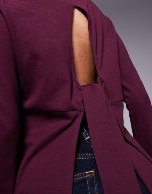 ASOS DESIGN longline top with open tie back detail in burgundy, 3 of 4