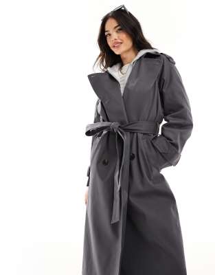 Asos Design Longline Trench Coat In Charcoal-gray