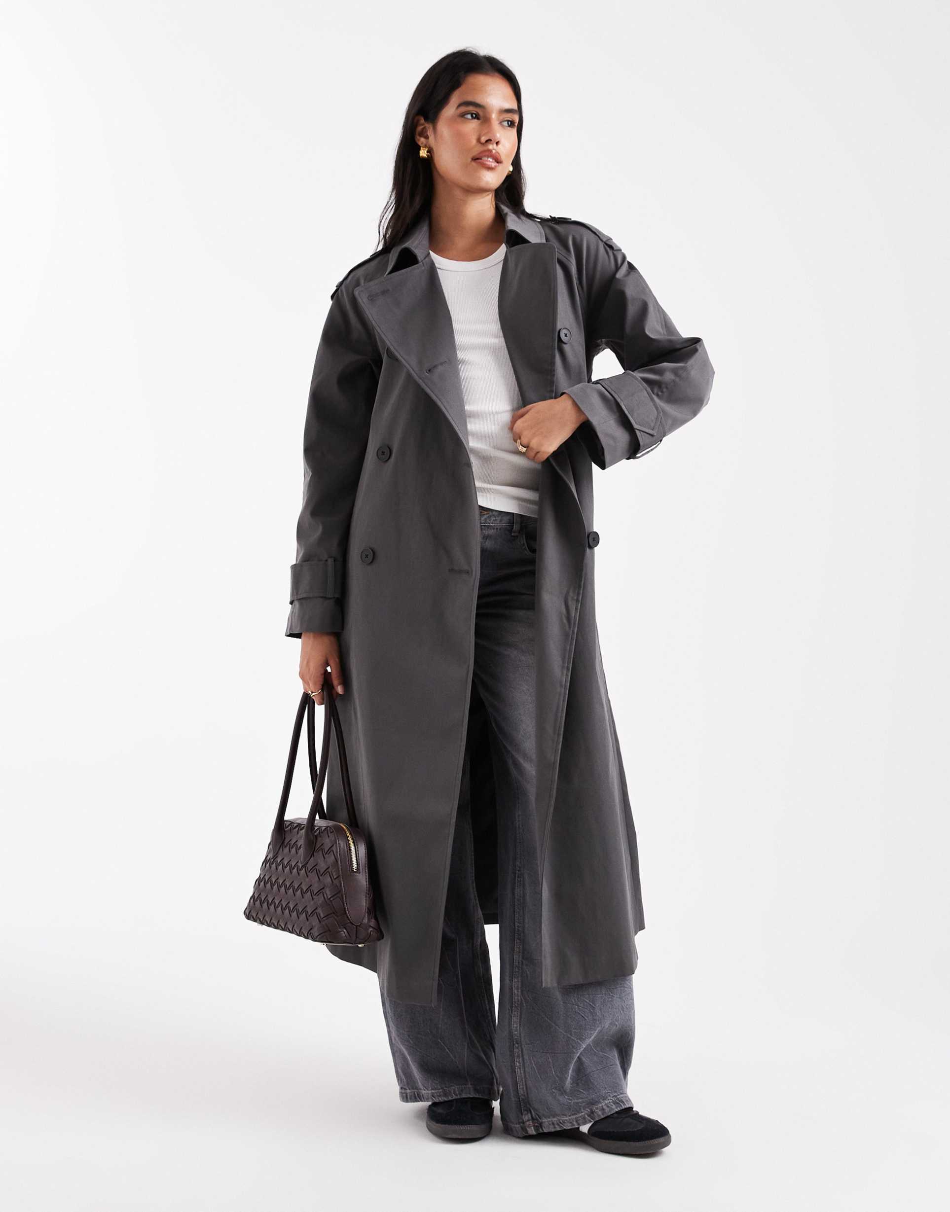 asos design longline trench coat in charcoal