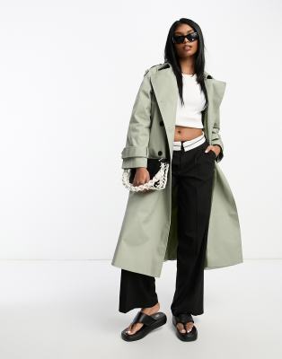 Asos Design Longline Trench Coat In Light Khaki-Green