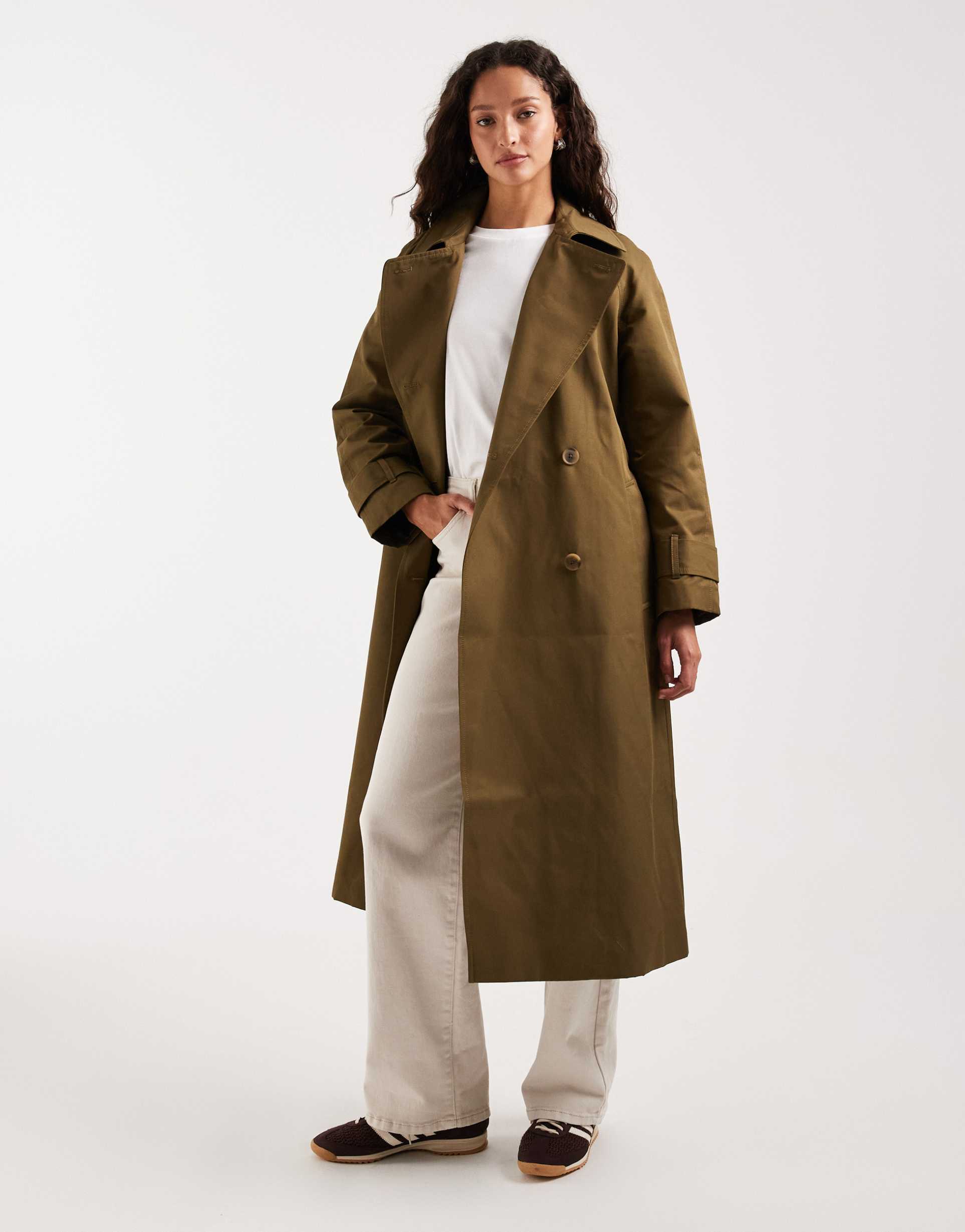 asos design longline trench coat with cotton and water repellent finish in khaki