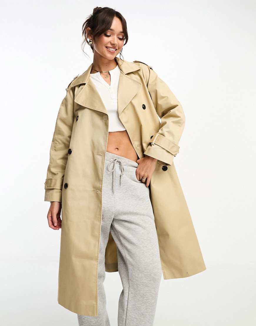 Asos Design Longline Trench In Stone-neutral