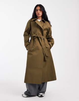 ASOS DESIGN - Longline-Trenchcoat in Khaki mit Baumwollanteil und wasserabweisendem Finish-Grün