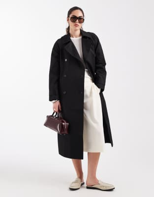 ASOS DESIGN - Longline-Trenchcoat in Schwarz mit Baumwollanteil und wasserabweisendem Finish