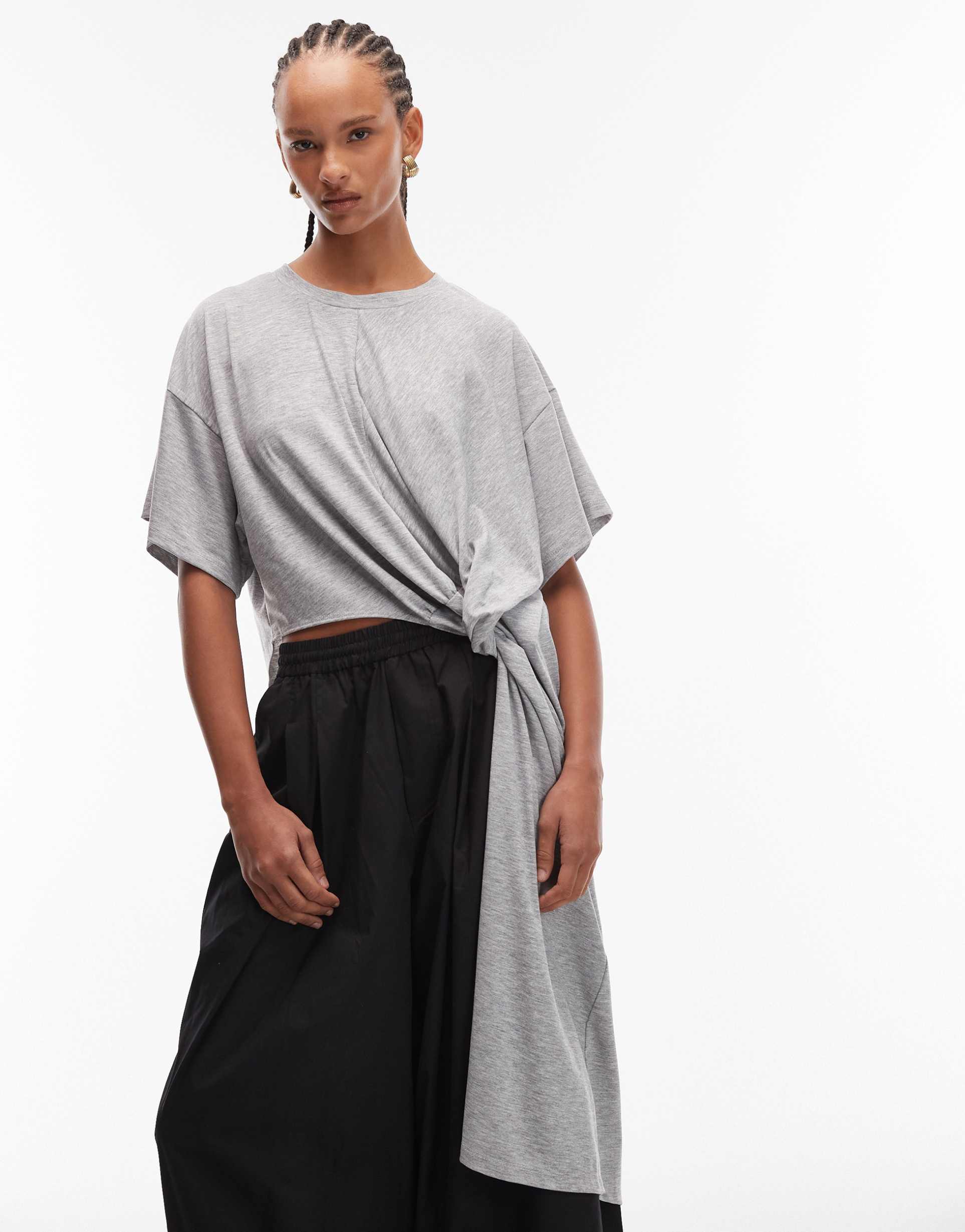 asos design longline twist drape front detail top in gray heather
