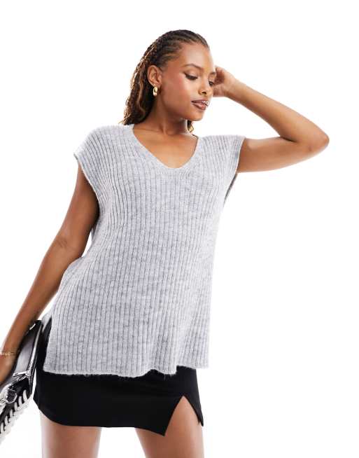 ASOS DESIGN longline V-neck knit tank in rib in gray