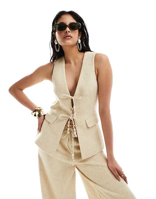 ASOS DESIGN longline vest with beaded tie detail in textured ASOS DESIGN longline vest with beaded tie detail in textured