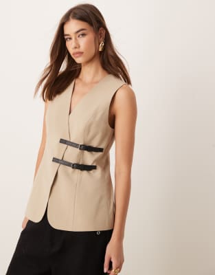 longline vest with belt detail in taupe-Neutral