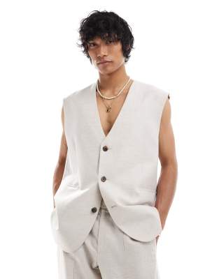 Asos Design Longline Vest With Linen In Stone-neutral