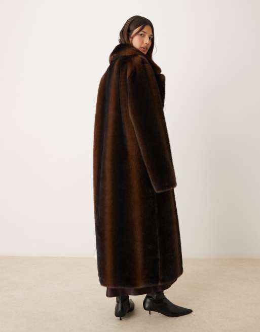 ASOS DESIGN longline vintage look faux fur coat in brown, 3 of 4