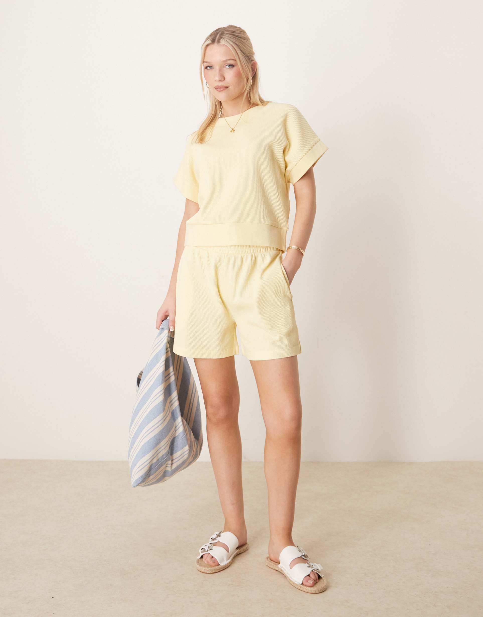 asos design longline waffle shorts in lemon