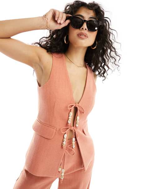 ASOS DESIGN longline waistcoat with beaded tie detail in textured rust - view 1