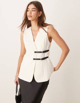 Shop ASOS DESIGN longline waistcoat with belt detail in off white Online – Trendy & Affordable Fashion