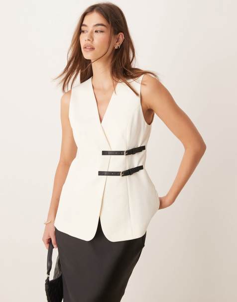 ASOS DESIGN longline waistcoat with belt detail in off white - view 1