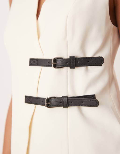 ASOS DESIGN longline waistcoat with belt detail in off white, 3 of 4