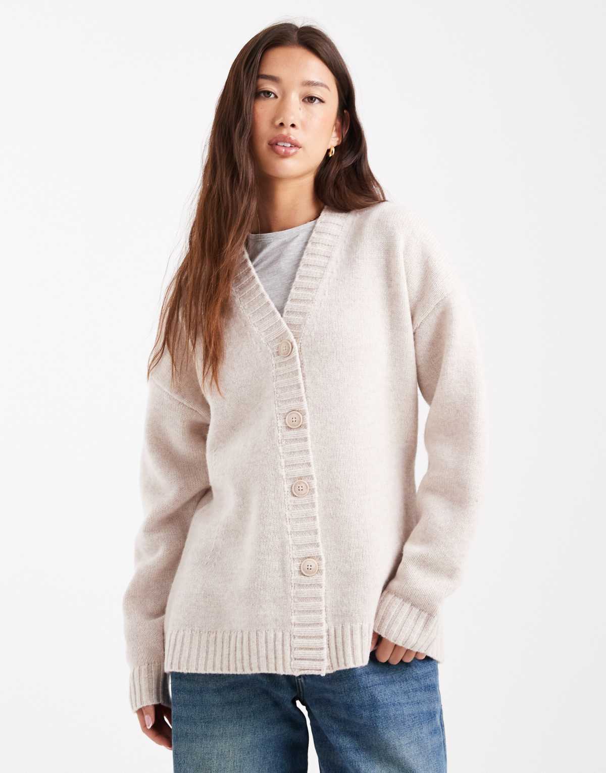 ASOS DESIGN longline waisted cardigan in lambswool in white