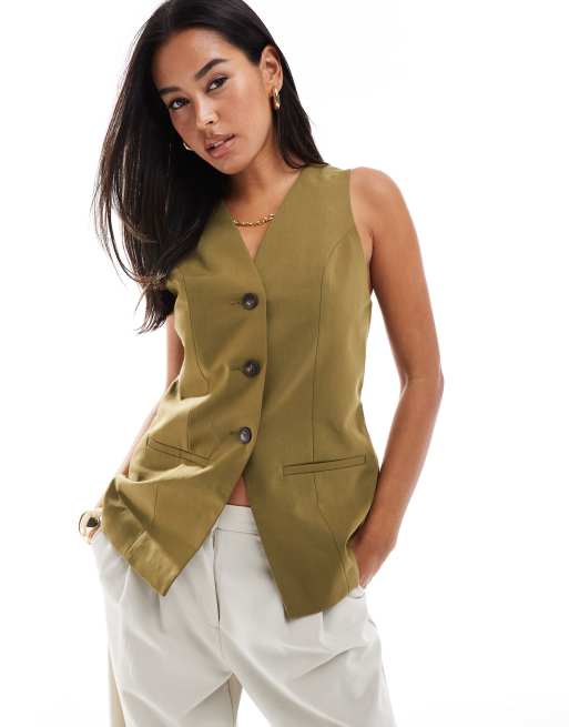 ASOS DESIGN – Longline-Weste in Khaki