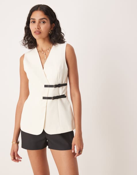 ASOS DESIGN – Longline-Weste in Wollweiß mit Gürteldetail - view 1