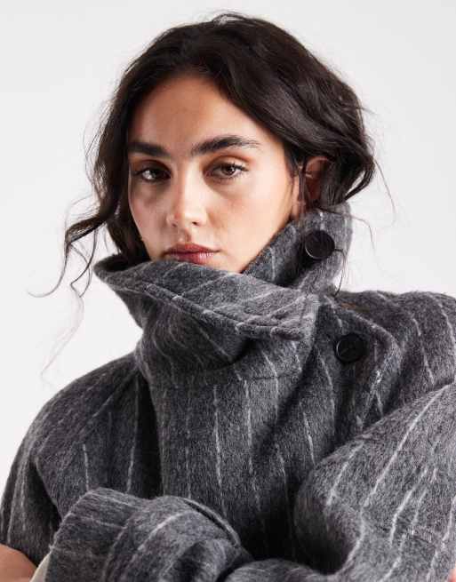 ASOS DESIGN longline wool blend funnel neck coat in gray pinstripe