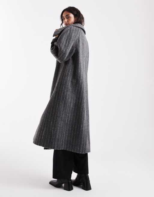 ASOS DESIGN longline wool blend funnel neck coat in gray pinstripe