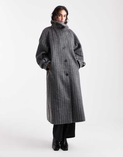 ASOS DESIGN longline wool blend funnel neck coat in grey pinstripe - view 1