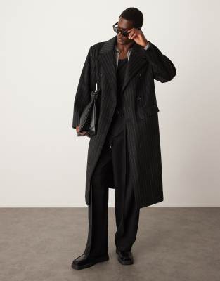 longline wool look pinstripe coat in black