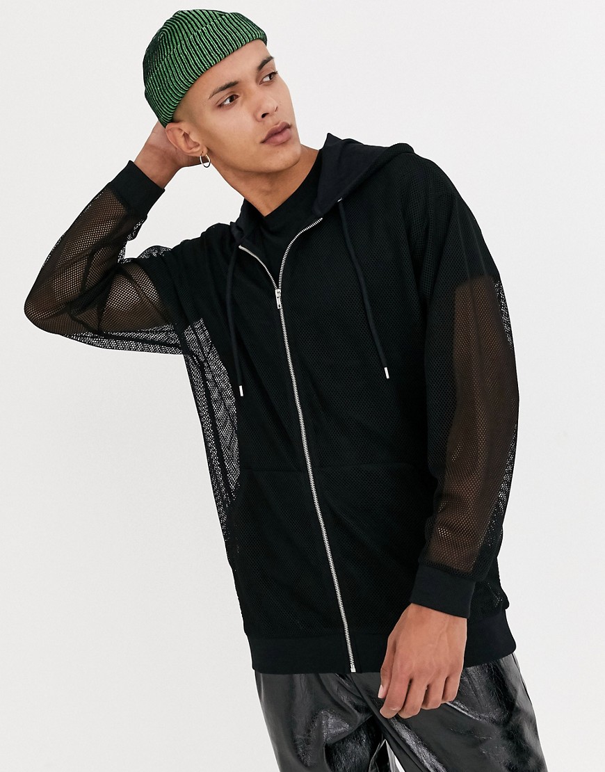 ASOS DESIGN longline zip up oversized hoodie in mesh-Black