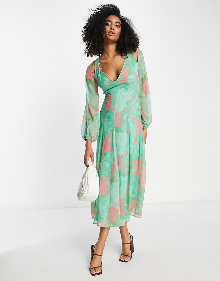 ASOS DESIGN longsleeve backless cutout maxi dress with godets in abstract floral print-Multi