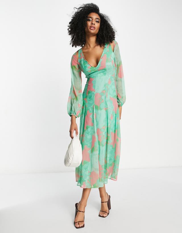 ASOS DESIGN longsleeve backless cutout maxi dress with godets in abstract floral print