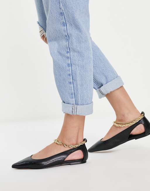 ASOS DESIGN - Lookout - Ballerinaer med ankelkæde i sort med firbensmønster