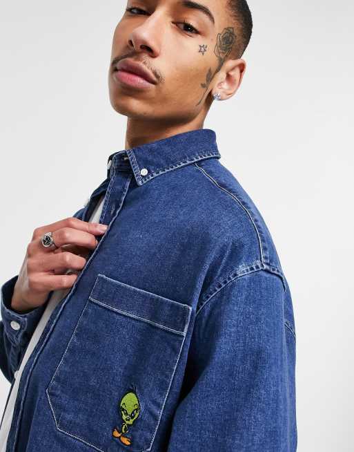 ASOS DESIGN Looney Tunes 90s oversized denim shirt with Tweety Bird embroidery, 3 of 4